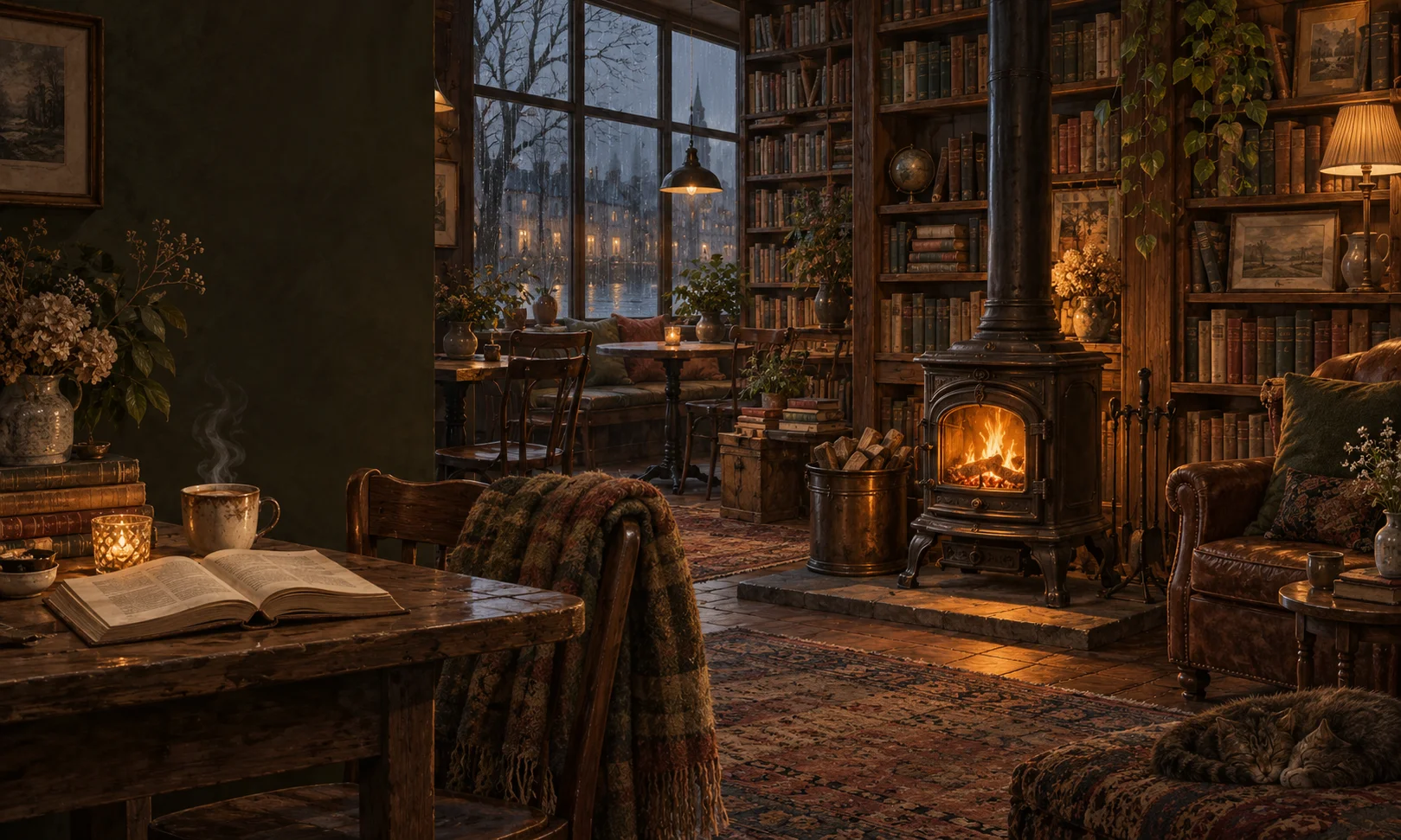 An illustrated bookshop with a potbelly stove, coffee, and an open book