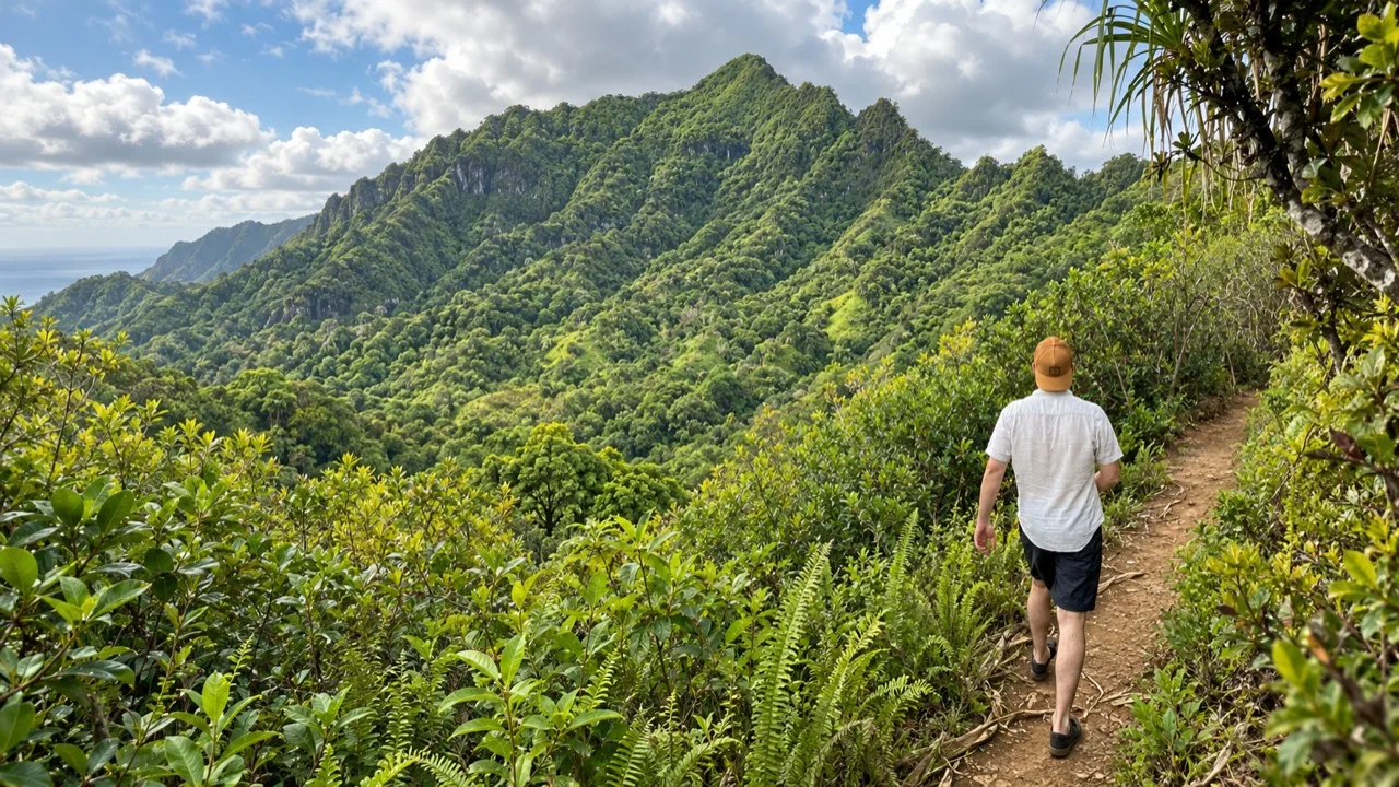 A hiker on a narrow trail overlooking green mountain ridges